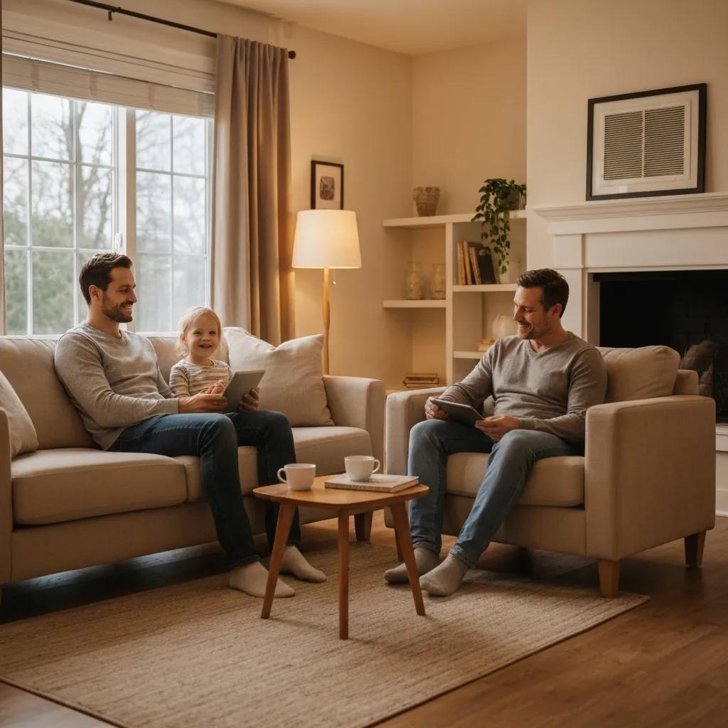 HVAC Blog 18 Cozy living room with family enjoying comfort, highlighting HVAC importance for even heating