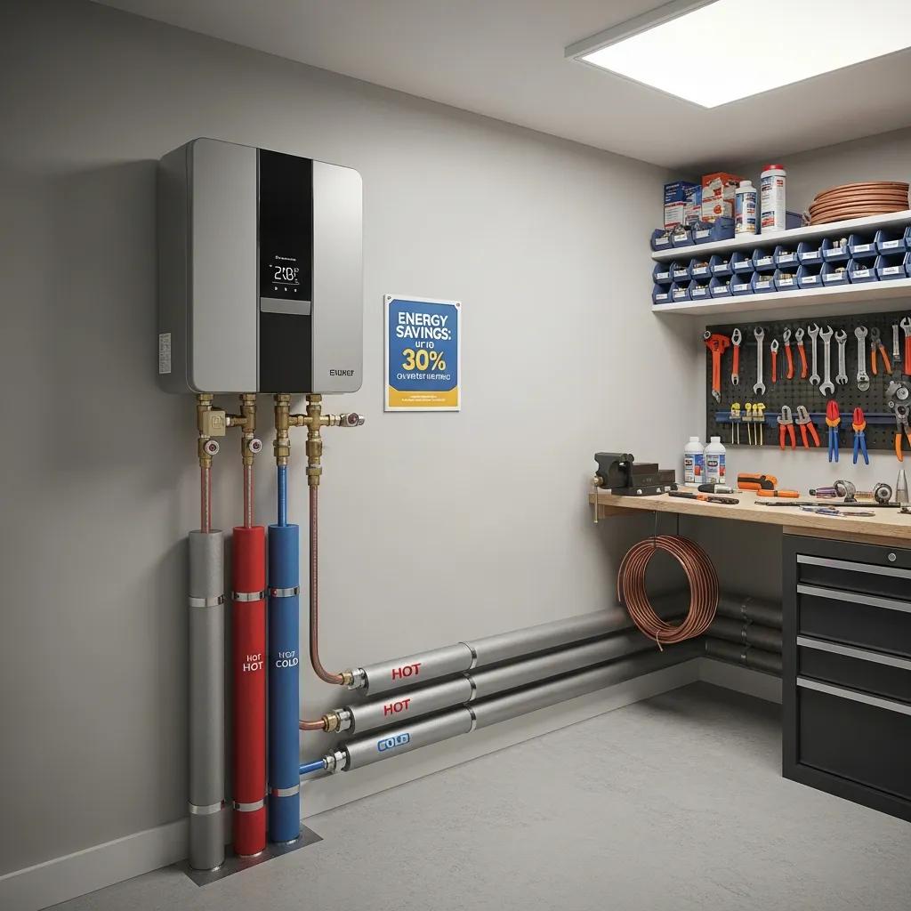 Modern plumbing upgrades including a tankless water heater and insulated pipes in a Vermont utility room