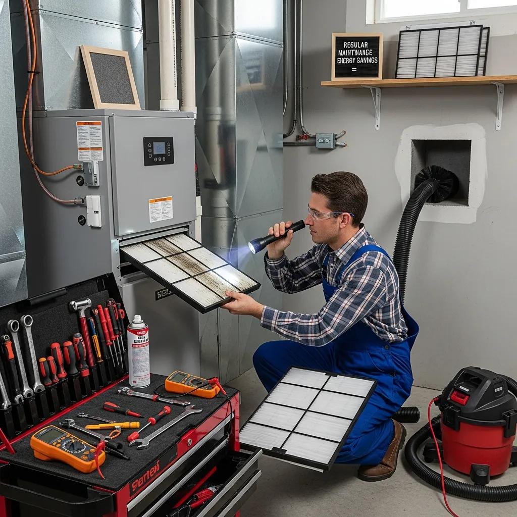 Technician performing maintenance on an energy-efficient HVAC system inside a Vermont home