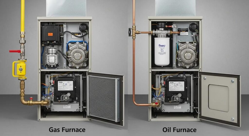 Side-by-side comparison of gas and oil furnaces