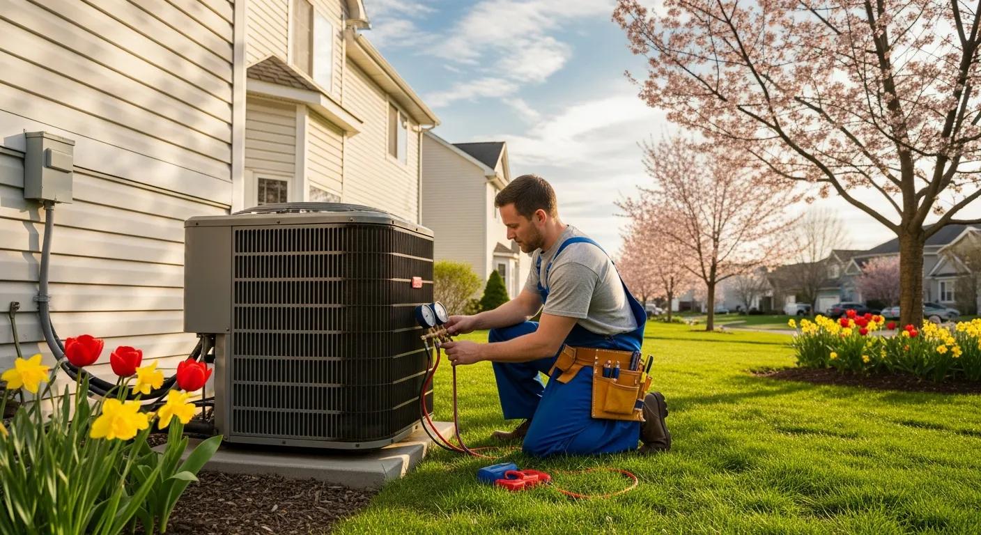 Technician performing air conditioning maintenance outdoors in spring